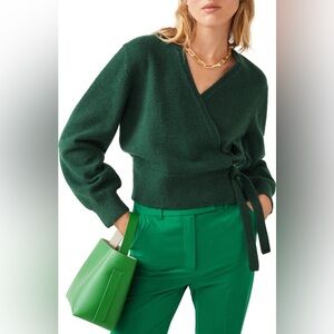 & Other Stories Green Wool Blend Wrap V-neck Long Blouson Sleeve Sweater Size M